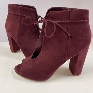 Penny Loves Kenny Burgundy Suede Peep Toe Heeled Boots Women’s Size 10
